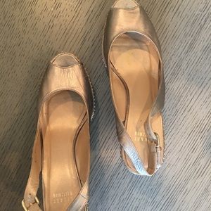 Stuart Weitzman cork and chrome leather wedges